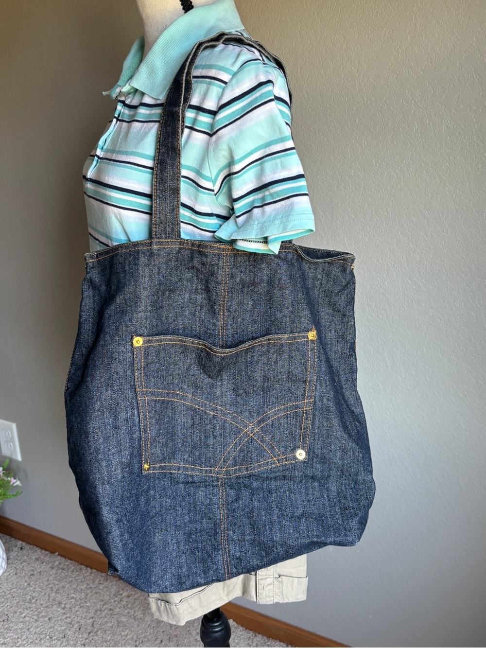 Denim Tote Bag with Front Pocket - Dark Blue